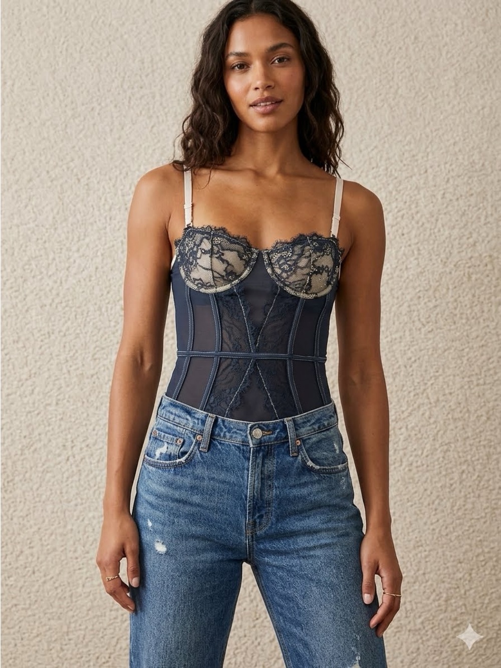 Princess Polly Navy Lace Underwire Bodysuit with Cream Trim- XS/S